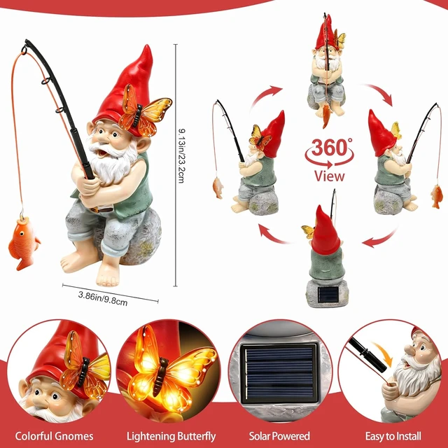 Alt view image 2 of 6 - Solar Fishing Gnome Garden Statue with Butterfly Lights Waterproof Outdoor Figurine & Yard Ornament, Gift for Mom, Women, Christmas & Mother's Day