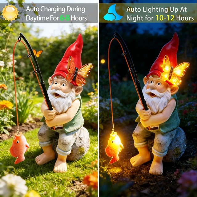 Alt view image 3 of 6 - Solar Fishing Gnome Garden Statue with Butterfly Lights Waterproof Outdoor Figurine & Yard Ornament, Gift for Mom, Women, Christmas & Mother's Day