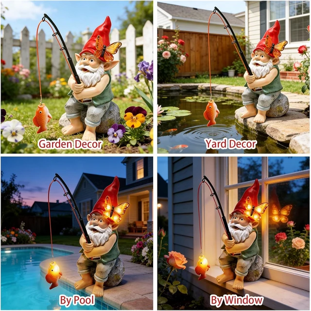 Alt view image 5 of 6 - Solar Fishing Gnome Garden Statue with Butterfly Lights Waterproof Outdoor Figurine & Yard Ornament, Gift for Mom, Women, Christmas & Mother's Day