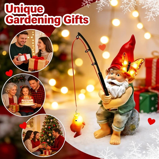 Alt view image 6 of 6 - Solar Fishing Gnome Garden Statue with Butterfly Lights Waterproof Outdoor Figurine & Yard Ornament, Gift for Mom, Women, Christmas & Mother's Day