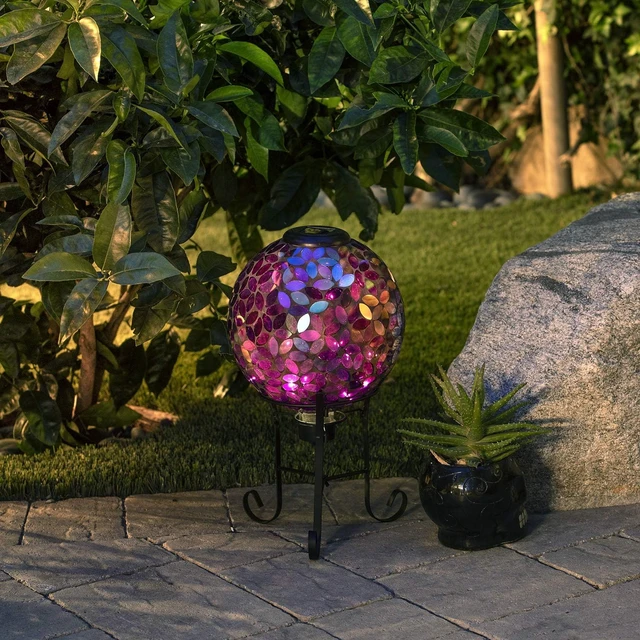 Alt view image 2 of 7 - 10" Purple Solar Powered Mosaic Glass Gazing Globe Indoor/Outdoor Yard Decoration, GRS122A-SLR