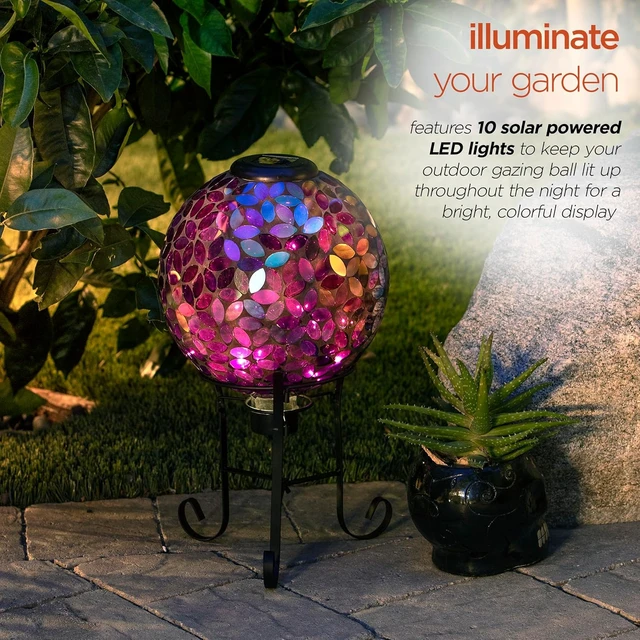 Alt view image 5 of 7 - 10" Purple Solar Powered Mosaic Glass Gazing Globe Indoor/Outdoor Yard Decoration, GRS122A-SLR