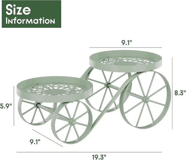 Alt view image 3 of 7 - Indoor & Outdoor Vintage Metal Plant Stand with Decorative Wagon Wheels