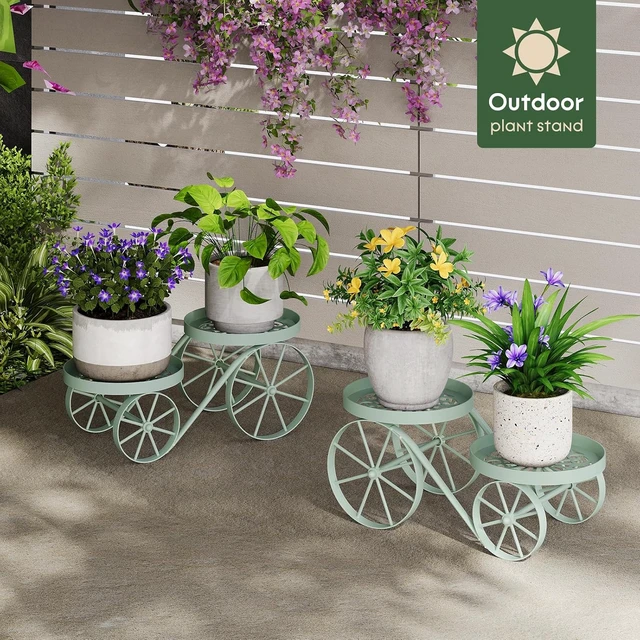Alt view image 2 of 7 - Indoor & Outdoor Vintage Metal Plant Stand with Decorative Wagon Wheels