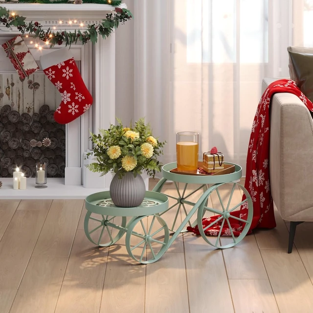 Alt view image 4 of 7 - Indoor & Outdoor Vintage Metal Plant Stand with Decorative Wagon Wheels
