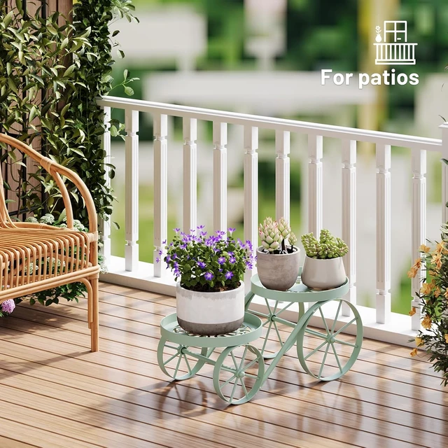 Alt view image 5 of 7 - Indoor & Outdoor Vintage Metal Plant Stand with Decorative Wagon Wheels