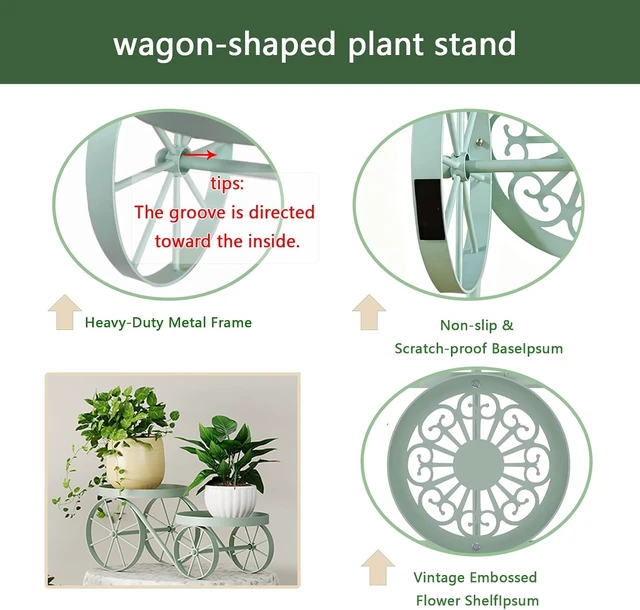 Alt view image 6 of 7 - Indoor & Outdoor Vintage Metal Plant Stand with Decorative Wagon Wheels