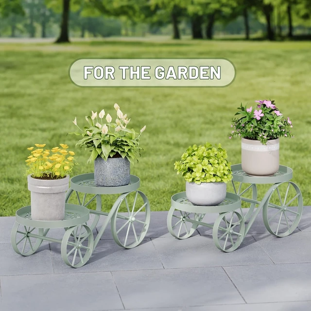 Alt view image 7 of 7 - Indoor & Outdoor Vintage Metal Plant Stand with Decorative Wagon Wheels