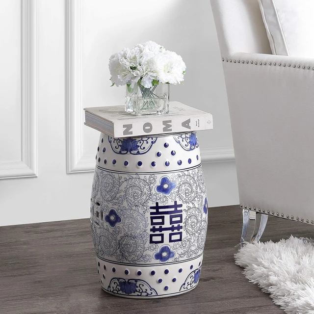 Alt view image 2 of 7 - 18" Blue/White Double Happiness Ceramic Garden Stool Table
