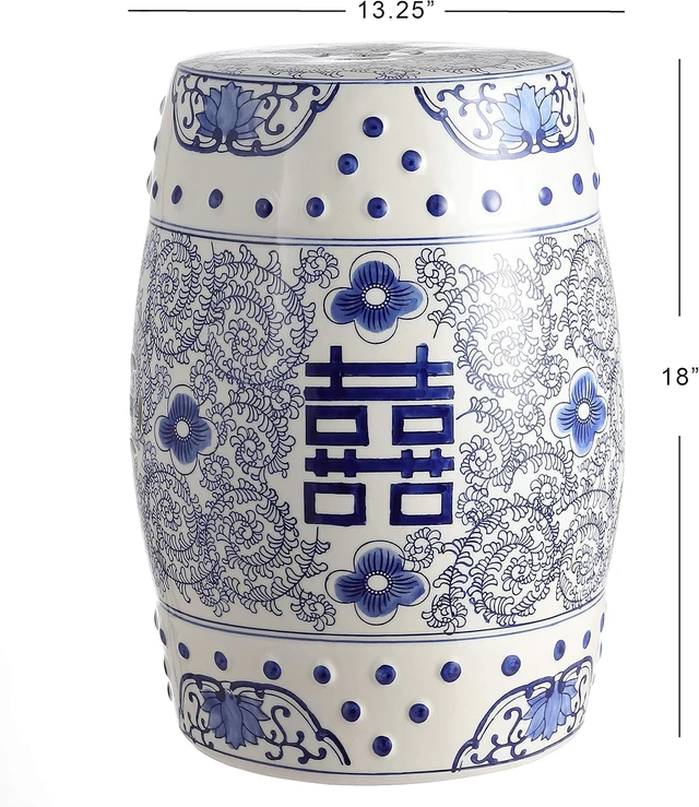 Alt view image 3 of 7 - 18" Blue/White Double Happiness Ceramic Garden Stool Table