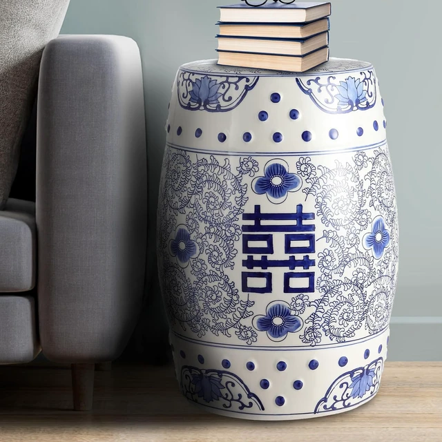 Alt view image 4 of 7 - 18" Blue/White Double Happiness Ceramic Garden Stool Table