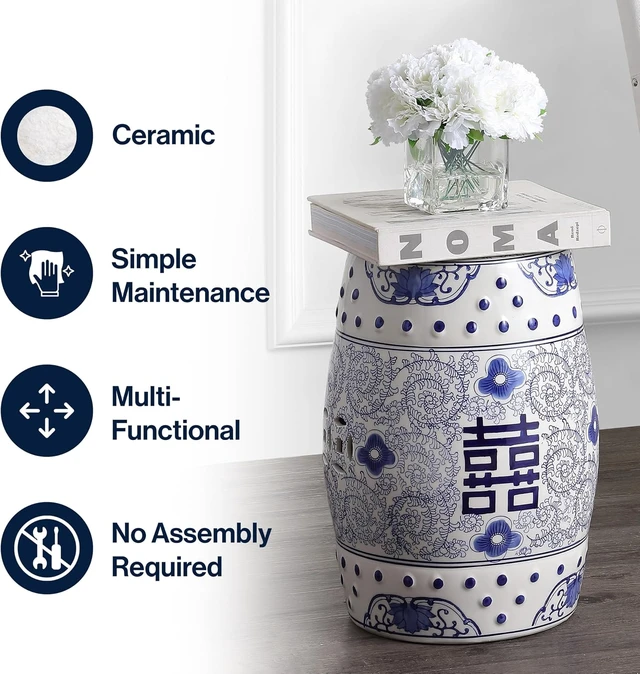 Alt view image 6 of 7 - 18" Blue/White Double Happiness Ceramic Garden Stool Table