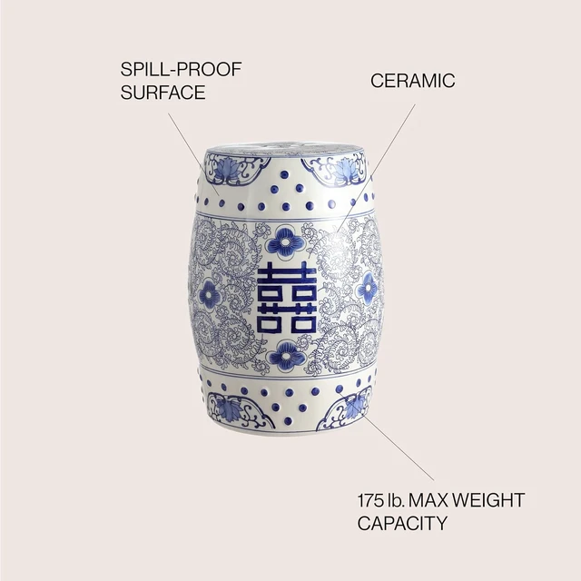 Alt view image 5 of 7 - 18" Blue/White Double Happiness Ceramic Garden Stool Table