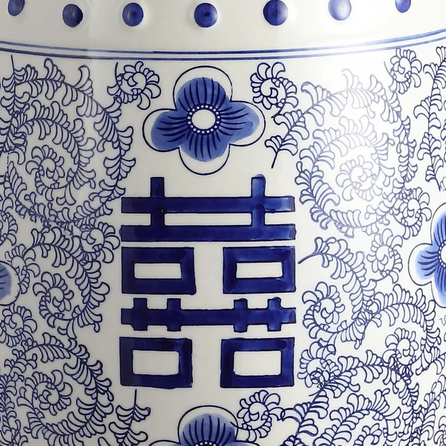 Alt view image 7 of 7 - 18" Blue/White Double Happiness Ceramic Garden Stool Table
