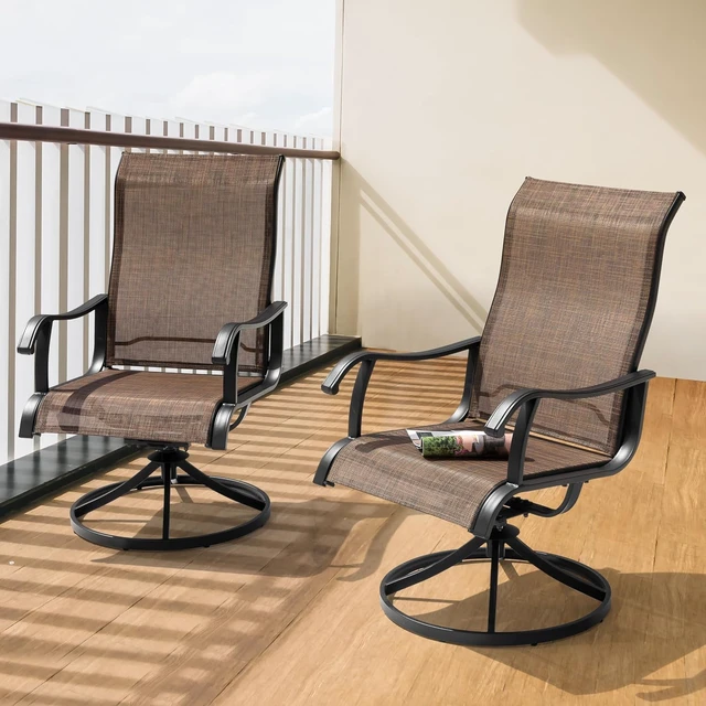 Alt view image 3 of 7 - Set of 2 Patio Swivel Rocker Dining Chairs All-Weather Textilene High Back & Metal Frame for Backyard, Deck, Lawn & Garden, Brown