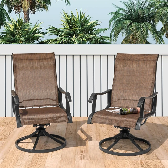 Alt view image 4 of 7 - Set of 2 Patio Swivel Rocker Dining Chairs All-Weather Textilene High Back & Metal Frame for Backyard, Deck, Lawn & Garden, Brown