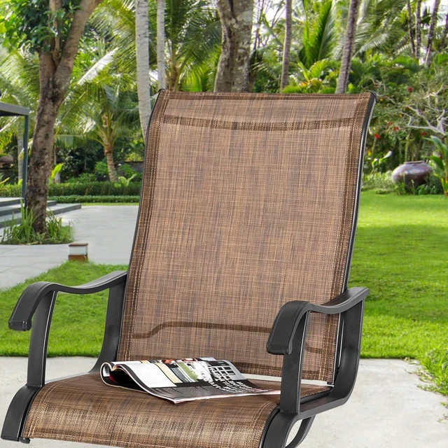 Alt view image 5 of 7 - Set of 2 Patio Swivel Rocker Dining Chairs All-Weather Textilene High Back & Metal Frame for Backyard, Deck, Lawn & Garden, Brown