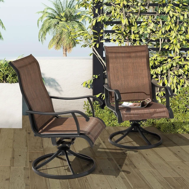 Alt view image 6 of 7 - Set of 2 Patio Swivel Rocker Dining Chairs All-Weather Textilene High Back & Metal Frame for Backyard, Deck, Lawn & Garden, Brown