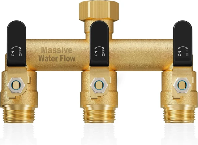 Main image of 3 Way Heavy Duty Hose Splitter Full Flow Brass Garden Water Spigot Splitter, Rust & Freeze Resistant with 3/4-Inch GHT Thread Black