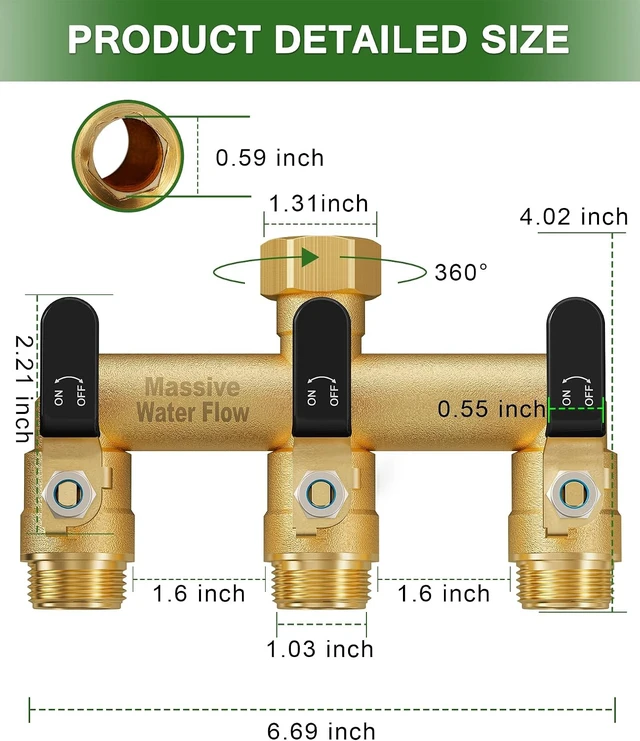 Alt view image 2 of 7 - 3 Way Heavy Duty Hose Splitter Full Flow Brass Garden Water Spigot Splitter, Rust & Freeze Resistant with 3/4-Inch GHT Thread Black