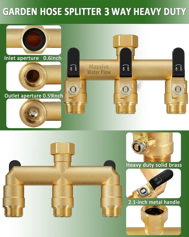 Alt view image 4 of 7 - 3 Way Heavy Duty Hose Splitter Full Flow Brass Garden Water Spigot Splitter, Rust & Freeze Resistant with 3/4-Inch GHT Thread Black