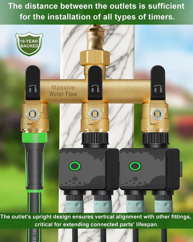 Alt view image 6 of 7 - 3 Way Heavy Duty Hose Splitter Full Flow Brass Garden Water Spigot Splitter, Rust & Freeze Resistant with 3/4-Inch GHT Thread Black