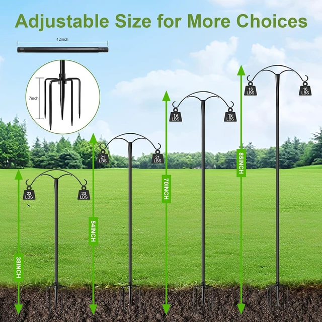 Alt view image 2 of 7 - 2 Pack 85 Inch Heavy Duty Shepherds Hooks with 5 Prong Base Adjustable Outdoor Hanger for Plants, Feeders, Lanterns & Wedding Decor