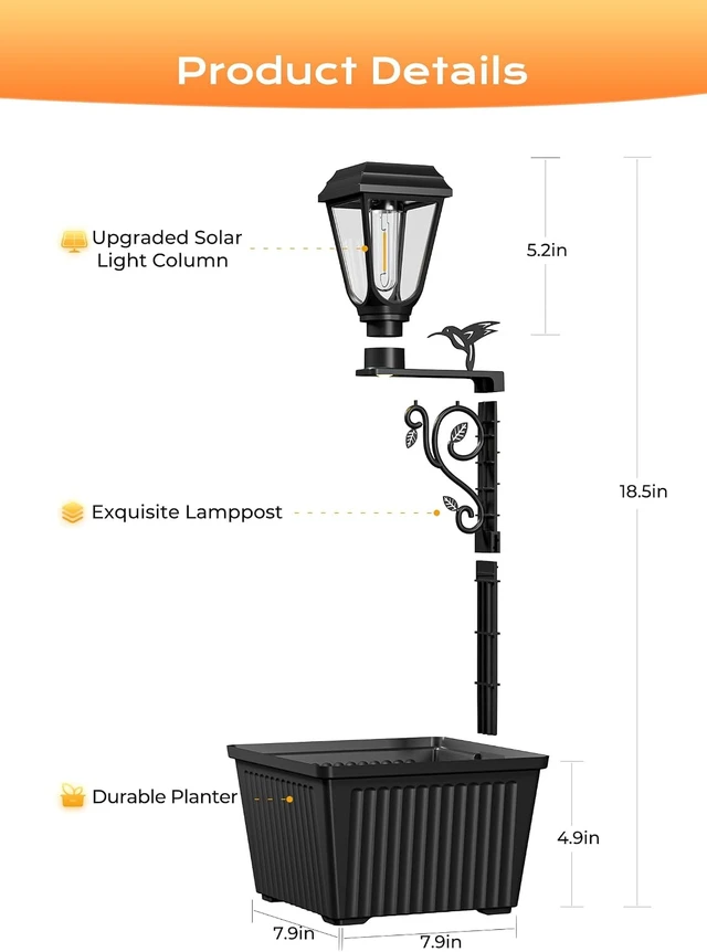 Alt view image 4 of 7 - 2 Pack 2-in-1 Solar Lamp Post with Planter 8" Outdoor Flower Pots