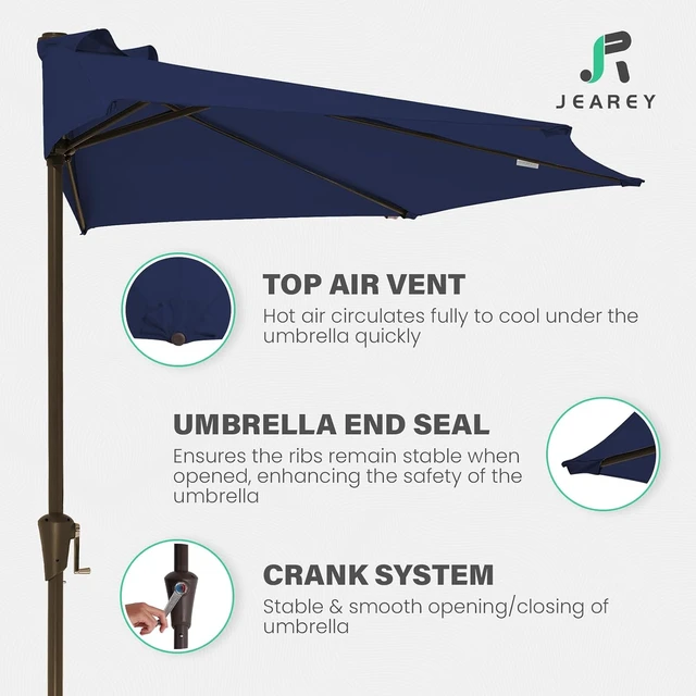 Alt view image 3 of 7 - 9 Ft Navy Half Outdoor Patio Umbrella w/Crank