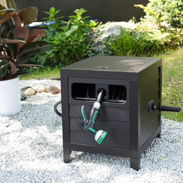 Alt view image 7 of 7 - 150 Ft 5/8" Capacity Steel Garden Hose Reel Deck Box Durable Storage Cabinet with Hose Guide, Manual Rewind & No-Leak Aluminum Connections