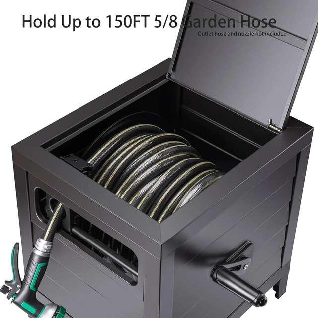 Alt view image 3 of 7 - 150 Ft 5/8" Capacity Steel Garden Hose Reel Deck Box Durable Storage Cabinet with Hose Guide, Manual Rewind & No-Leak Aluminum Connections