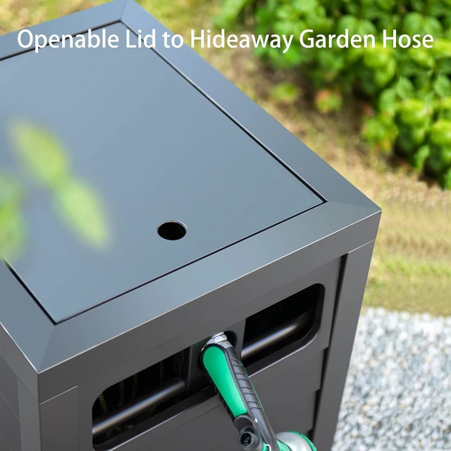 Alt view image 6 of 7 - 150 Ft 5/8" Capacity Steel Garden Hose Reel Deck Box Durable Storage Cabinet with Hose Guide, Manual Rewind & No-Leak Aluminum Connections