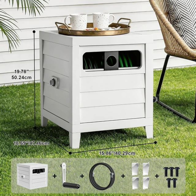 Alt view image 2 of 6 - Heavy Duty 150 Ft 5/8" Metal Garden Hose Reel Box with Hose Guide, 6 Ft Leader Hose, Leak-Proof Aluminum Connection & Manual Crank Handle (White)