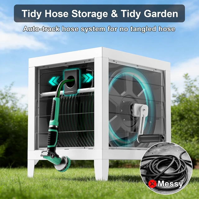 Alt view image 4 of 6 - Heavy Duty 150 Ft 5/8" Metal Garden Hose Reel Box with Hose Guide, 6 Ft Leader Hose, Leak-Proof Aluminum Connection & Manual Crank Handle (White)