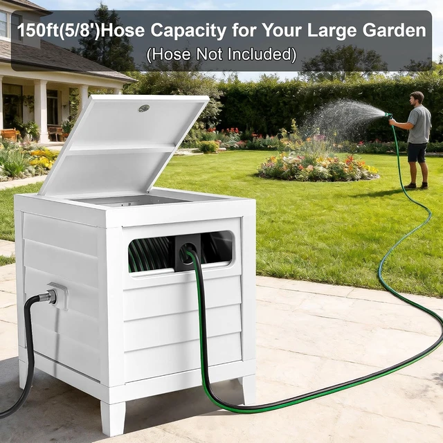 Alt view image 3 of 6 - Heavy Duty 150 Ft 5/8" Metal Garden Hose Reel Box with Hose Guide, 6 Ft Leader Hose, Leak-Proof Aluminum Connection & Manual Crank Handle (White)