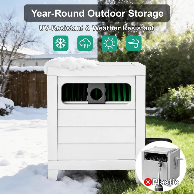 Alt view image 6 of 6 - Heavy Duty 150 Ft 5/8" Metal Garden Hose Reel Box with Hose Guide, 6 Ft Leader Hose, Leak-Proof Aluminum Connection & Manual Crank Handle (White)