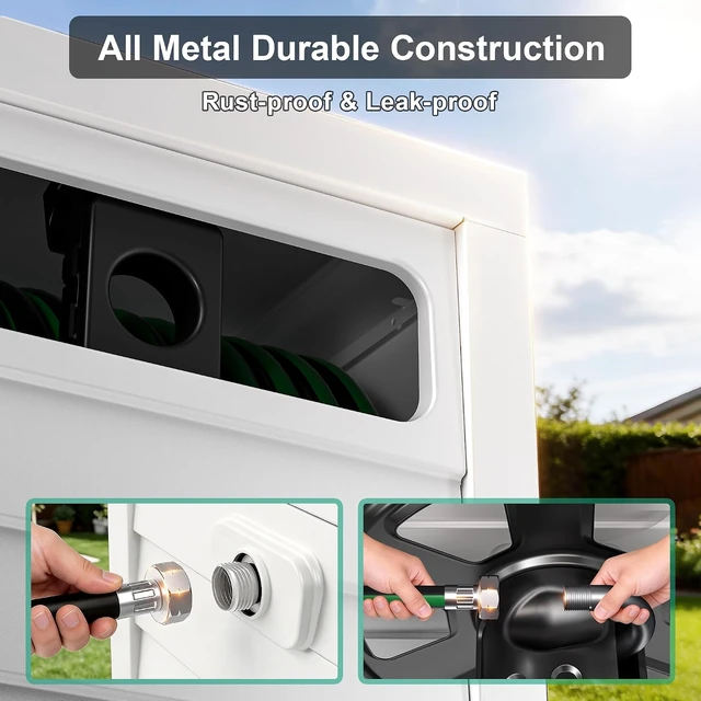 Alt view image 5 of 6 - Heavy Duty 150 Ft 5/8" Metal Garden Hose Reel Box with Hose Guide, 6 Ft Leader Hose, Leak-Proof Aluminum Connection & Manual Crank Handle (White)