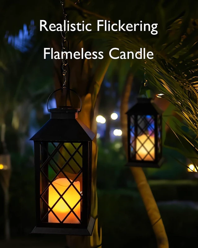 Alt view image 2 of 7 - 2 Pack 13'' Black Solar Lanterns Flickering Flame Hanging Lights