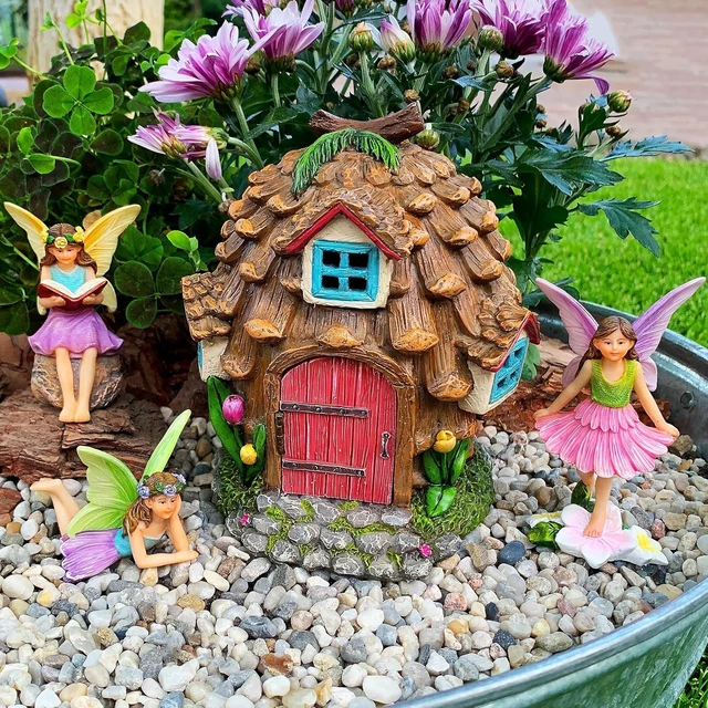Alt view image 2 of 7 - Pinecone Fairy House Figurine Set (4 pcs) Miniature Decorative Statues & Accessories for Outdoor & Indoor Garden Decor