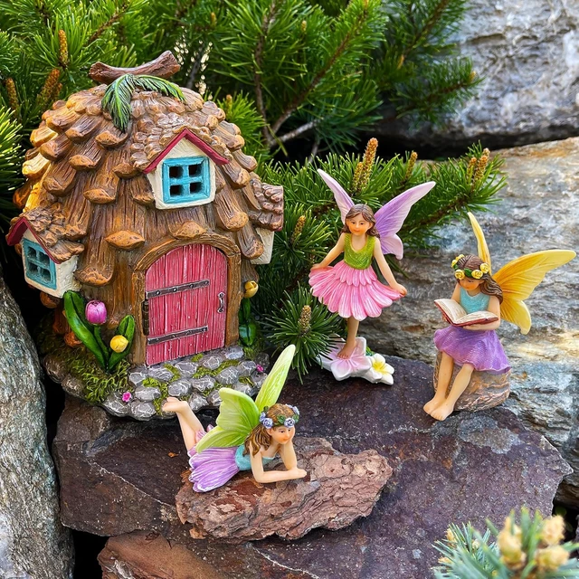 Alt view image 4 of 7 - Pinecone Fairy House Figurine Set (4 pcs) Miniature Decorative Statues & Accessories for Outdoor & Indoor Garden Decor