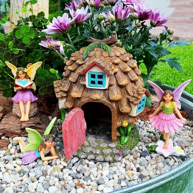 Alt view image 5 of 7 - Pinecone Fairy House Figurine Set (4 pcs) Miniature Decorative Statues & Accessories for Outdoor & Indoor Garden Decor