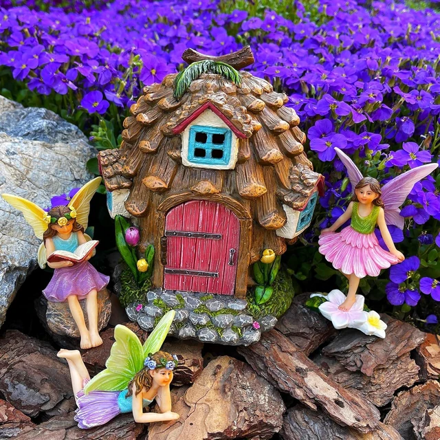 Alt view image 6 of 7 - Pinecone Fairy House Figurine Set (4 pcs) Miniature Decorative Statues & Accessories for Outdoor & Indoor Garden Decor