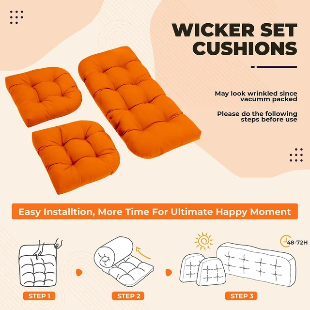 Alt view image 2 of 7 - 3 Pcs Waterproof Wicker Outdoor Chair Cushion Set, Orange