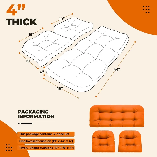 Alt view image 5 of 7 - 3 Pcs Waterproof Wicker Outdoor Chair Cushion Set, Orange
