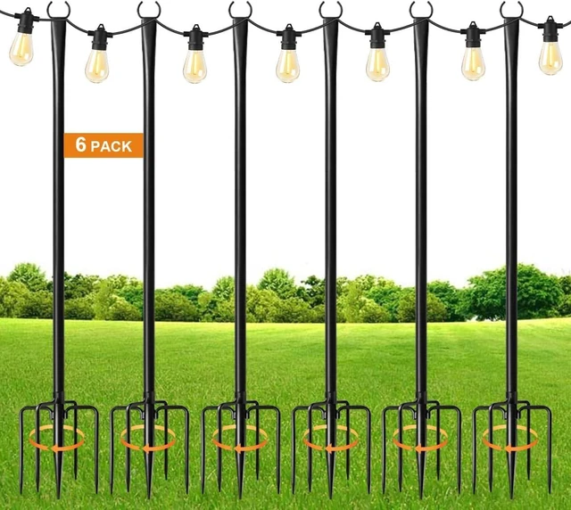 Main image of 6 Pack 9 Ft Metal String Light Poles with Fork Outdoor Light Stand for Patio, Pergola, Garden, Backyard, Yard & Camping Parties