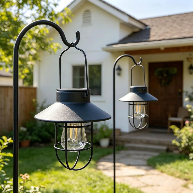 Alt view image 2 of 7 - 2 Pack Waterproof Solar Lanterns with Shepherd Hook Metal Edison Bulb Outdoor Lamp for Garden & Pathway Decor, Gift for Women/Mom (Black)