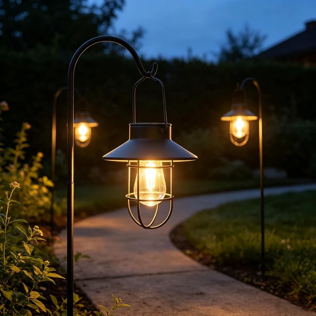 Alt view image 4 of 7 - 2 Pack Waterproof Solar Lanterns with Shepherd Hook Metal Edison Bulb Outdoor Lamp for Garden & Pathway Decor, Gift for Women/Mom (Black)
