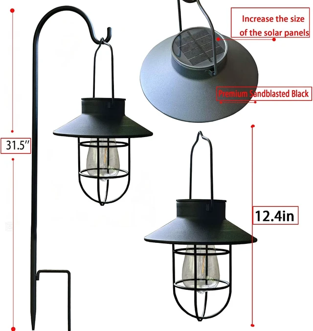 Alt view image 3 of 7 - 2 Pack Waterproof Solar Lanterns with Shepherd Hook Metal Edison Bulb Outdoor Lamp for Garden & Pathway Decor, Gift for Women/Mom (Black)