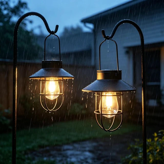 Alt view image 5 of 7 - 2 Pack Waterproof Solar Lanterns with Shepherd Hook Metal Edison Bulb Outdoor Lamp for Garden & Pathway Decor, Gift for Women/Mom (Black)