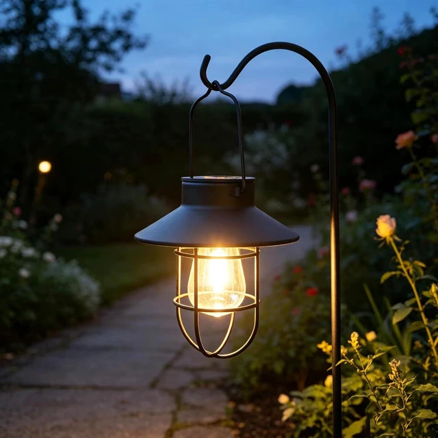 Alt view image 7 of 7 - 2 Pack Waterproof Solar Lanterns with Shepherd Hook Metal Edison Bulb Outdoor Lamp for Garden & Pathway Decor, Gift for Women/Mom (Black)